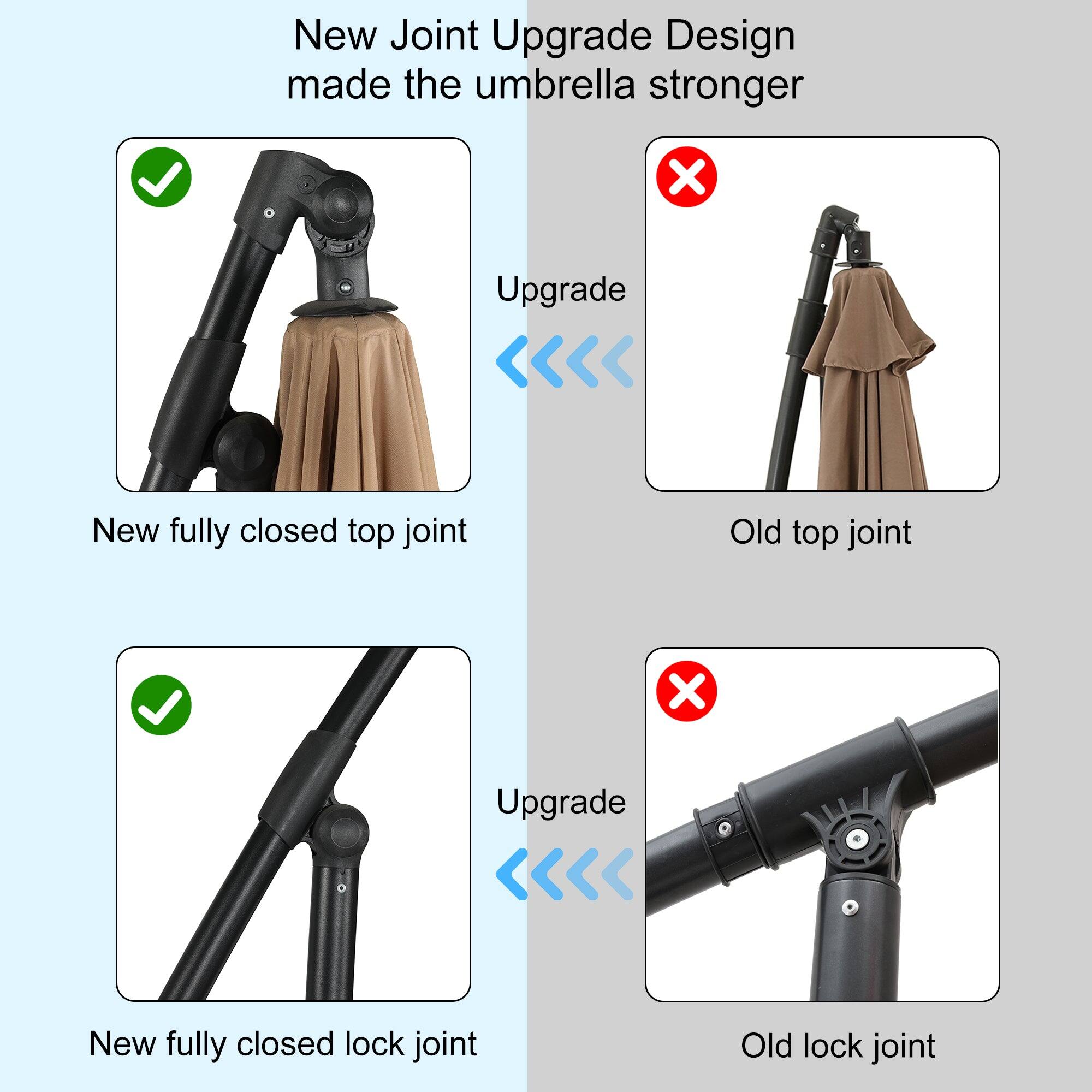 New Joint Upgrade Design made the umbrella stronger

- New fully closed top joint
- New fully closed lock joint

Upgrade Design made the umbrella stronger

- Old top joint
- Old lock joint