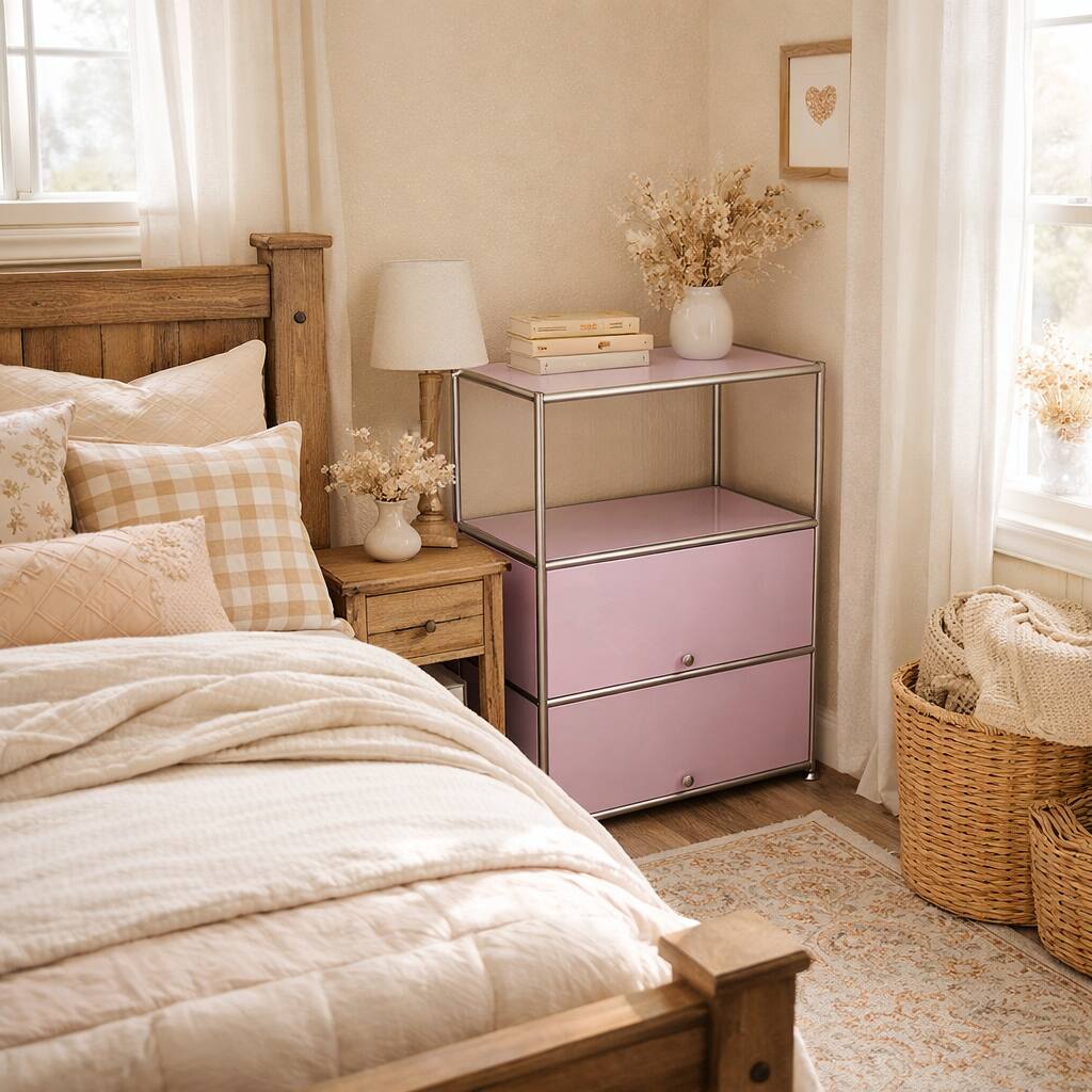 Angle. Malletson - 3-Tier Metal Sideboard Buffet Storage Cabinet Modern Grid-Style, for Dining Room, Living Room or Office - Pink.