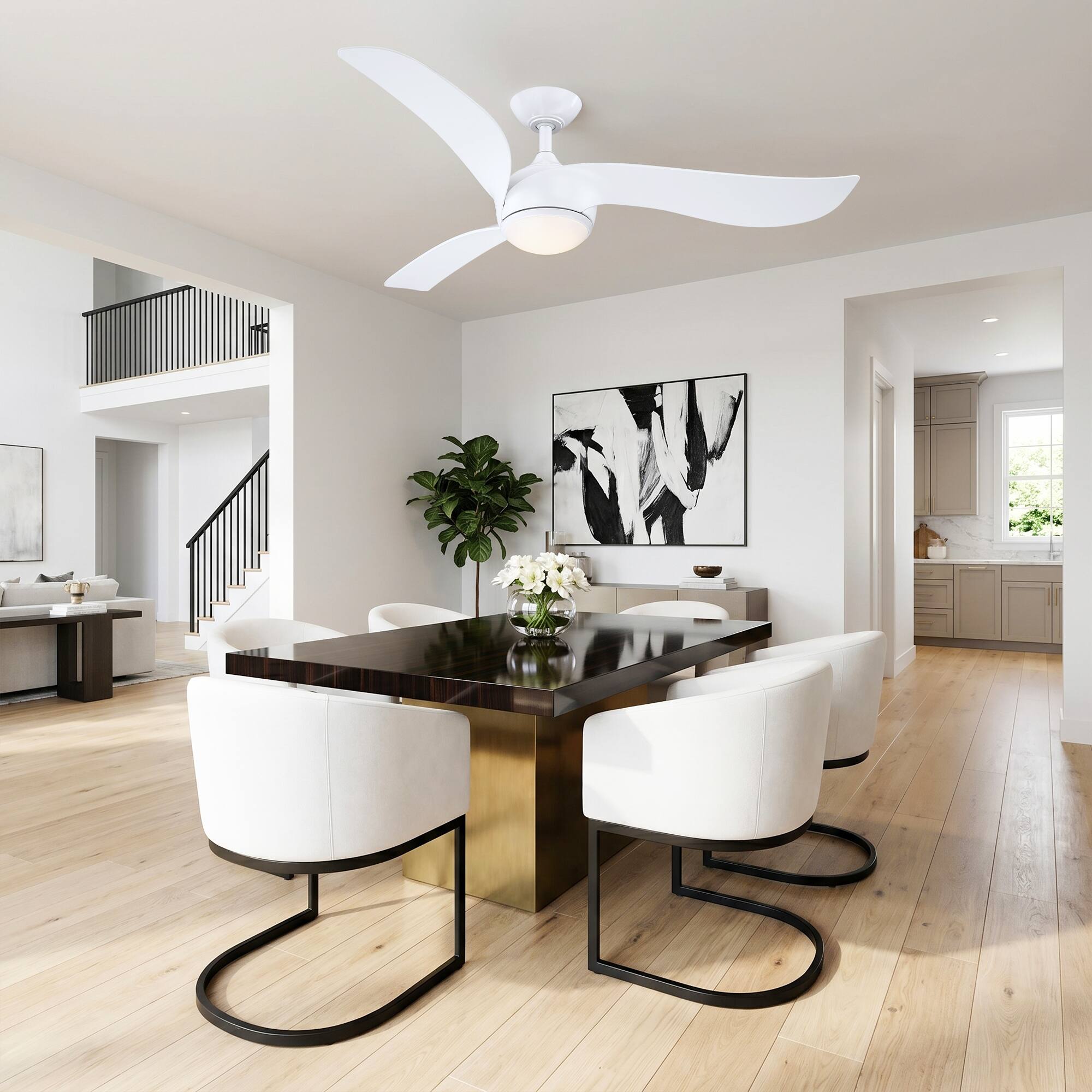 Left. Parrot Uncle - 52 Inch White Modern LED Chandelier Ceiling Fan with Remote Control and 6 Speed DC Motor - White.