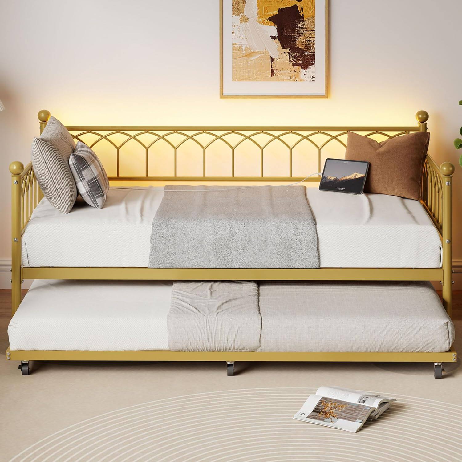 Alt View 2. Homhougo - Twin Daybed with Trundle, Day Bed with Charging Station & LED Lights, Metal Sofa Bed Frame with Pull Out Trundle - Gold.