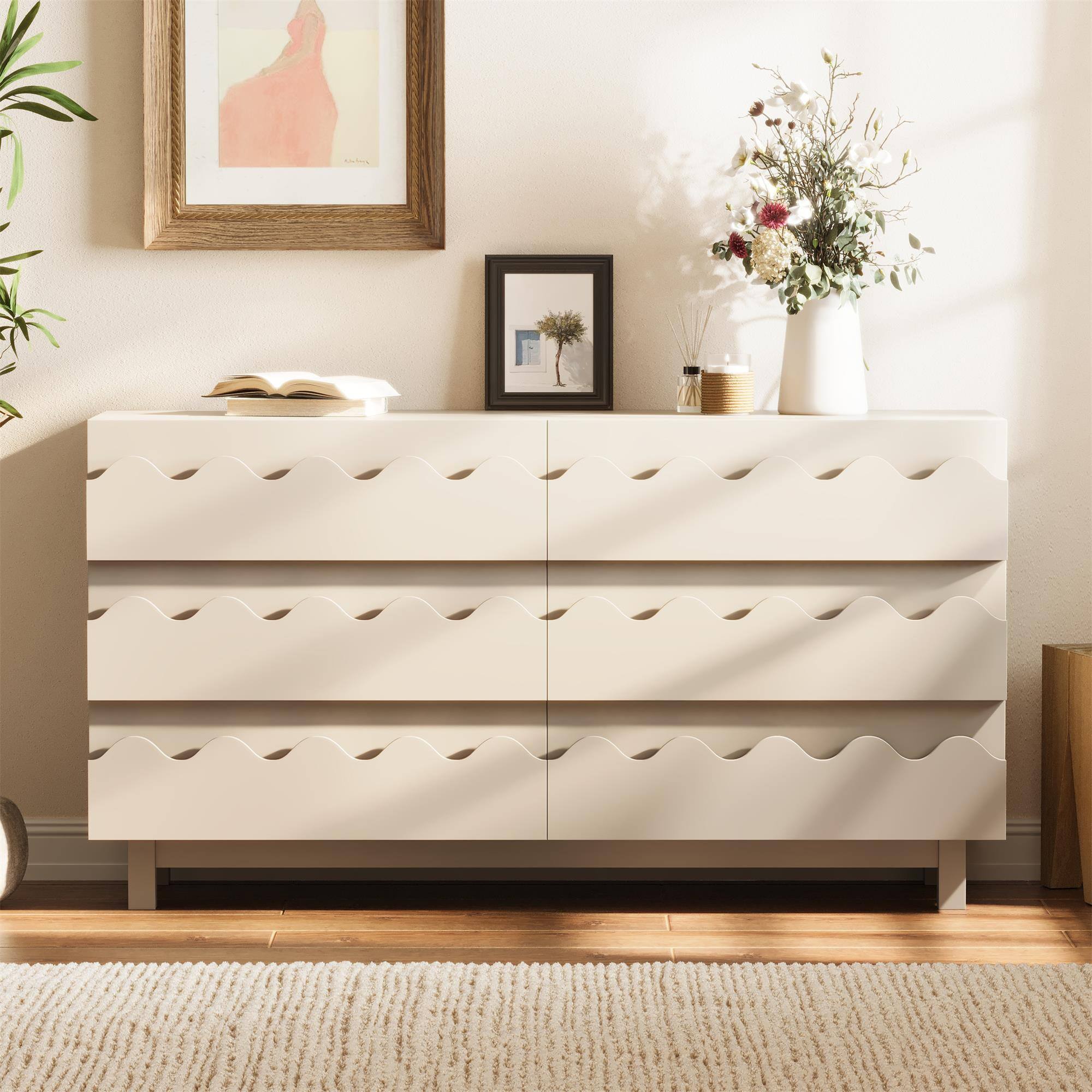 Alt View 1. Boyel Living - Ivory Modern 6 Drawer Dresser 60-in L x 18-in W x 33-in H Chest of Drawers with Solid Wood Legs for Bedroom Living Room - Ivory.