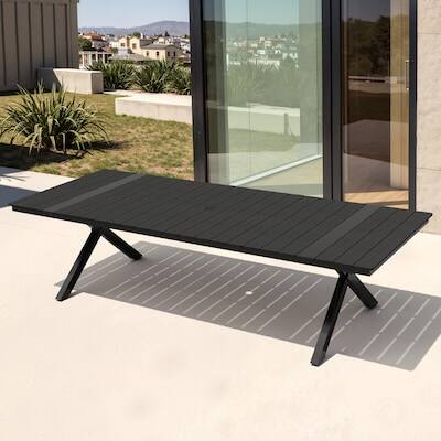 Alt View 6. Crestlive Products - Crestlive Products X-Leg Large Patio Plastic Wood Top Aluminum Frame Outdoor Dining Table with Umbrella Hole - Black.