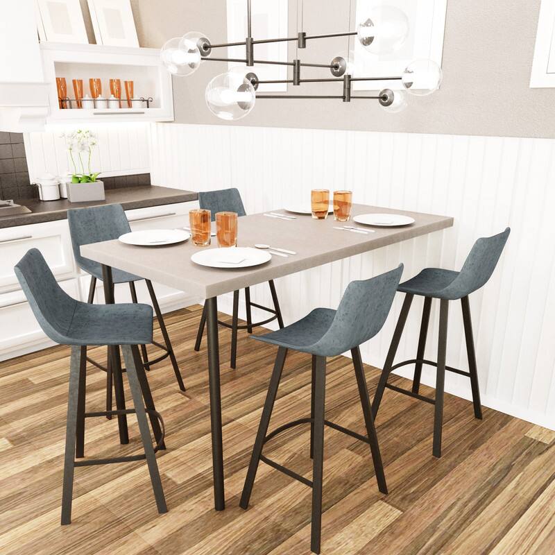 Angle. LeisureMod - Elland Modern Upholstered Leather Bar Stool with Iron Legs and Footrest, Counter Height Dining Stool - Peacock Blue.