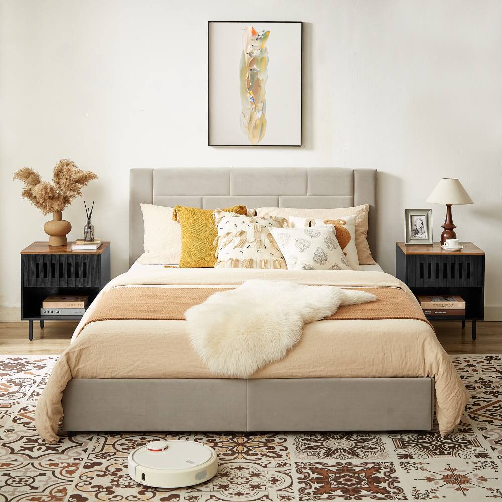 Back. Tiramisubest - 2 Set Mid Century Modern Nightstands with Grille Striped Doors,Slatted Drawer Decor & Metal Legs for Bedroom - Black+Brown.