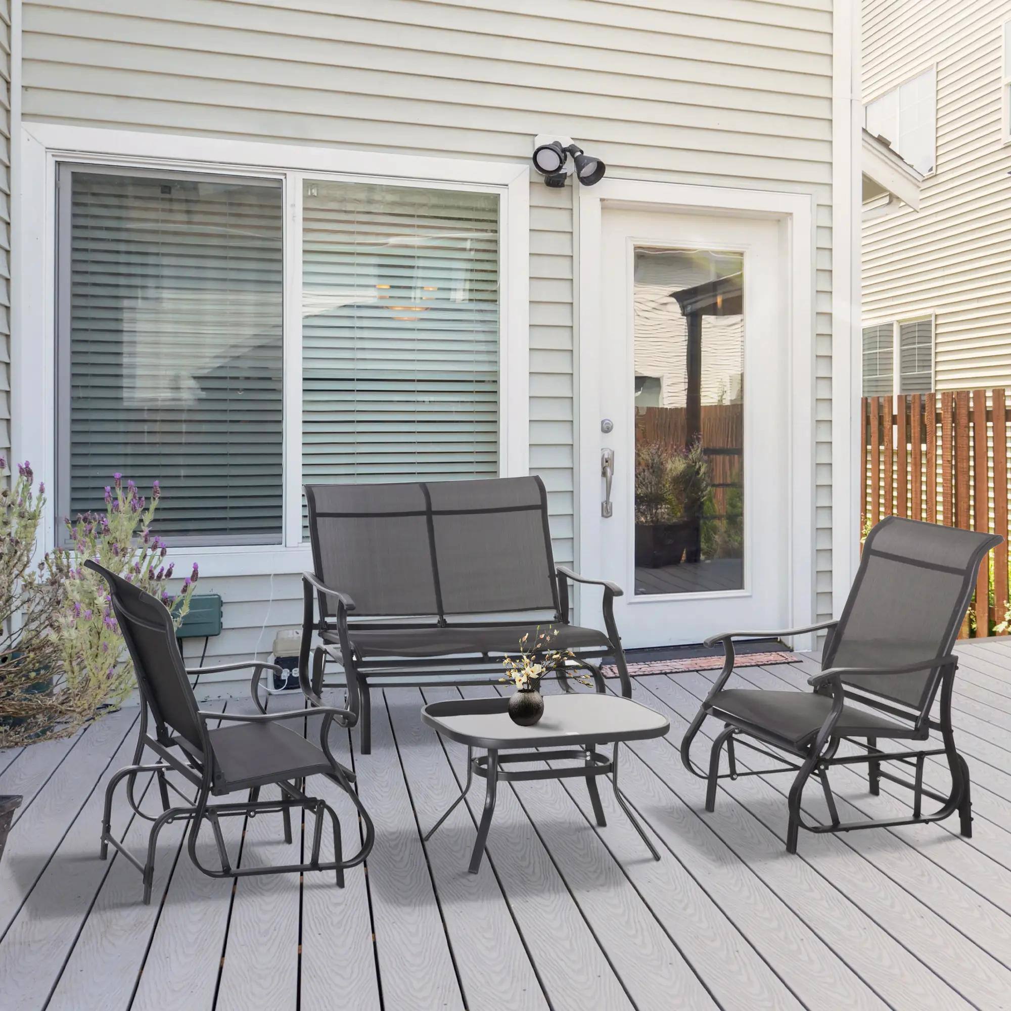 Alt View 7. Resenkos - Resenkos 4-Piece Patio Set, 2-Person Glider Bench, Single Sling Chair, Glass Coffee Table, Black - Black.