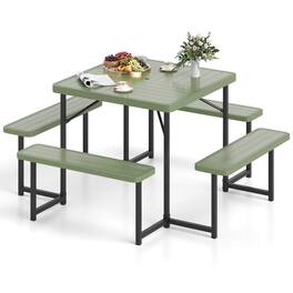 Costway - Picnic Table Bench Set for 4-8 People with Umbrella Hole All-Weather HDPE Tabletop - Green