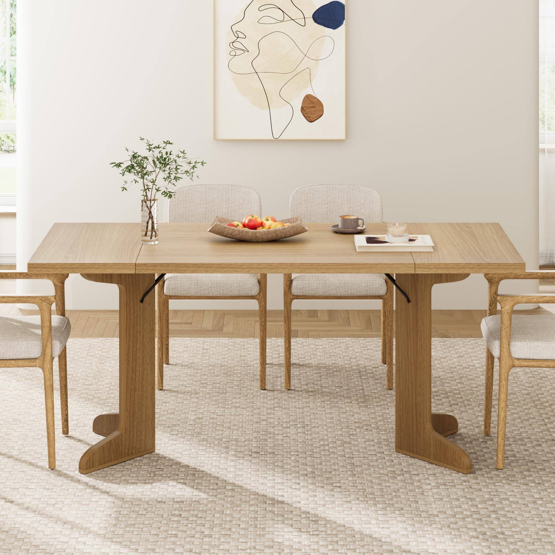 Back. Homhougo - 71" Modern Rectangle Dining Table – Seats 6–8, Unique Wooden Legs, Table Only - Natural.
