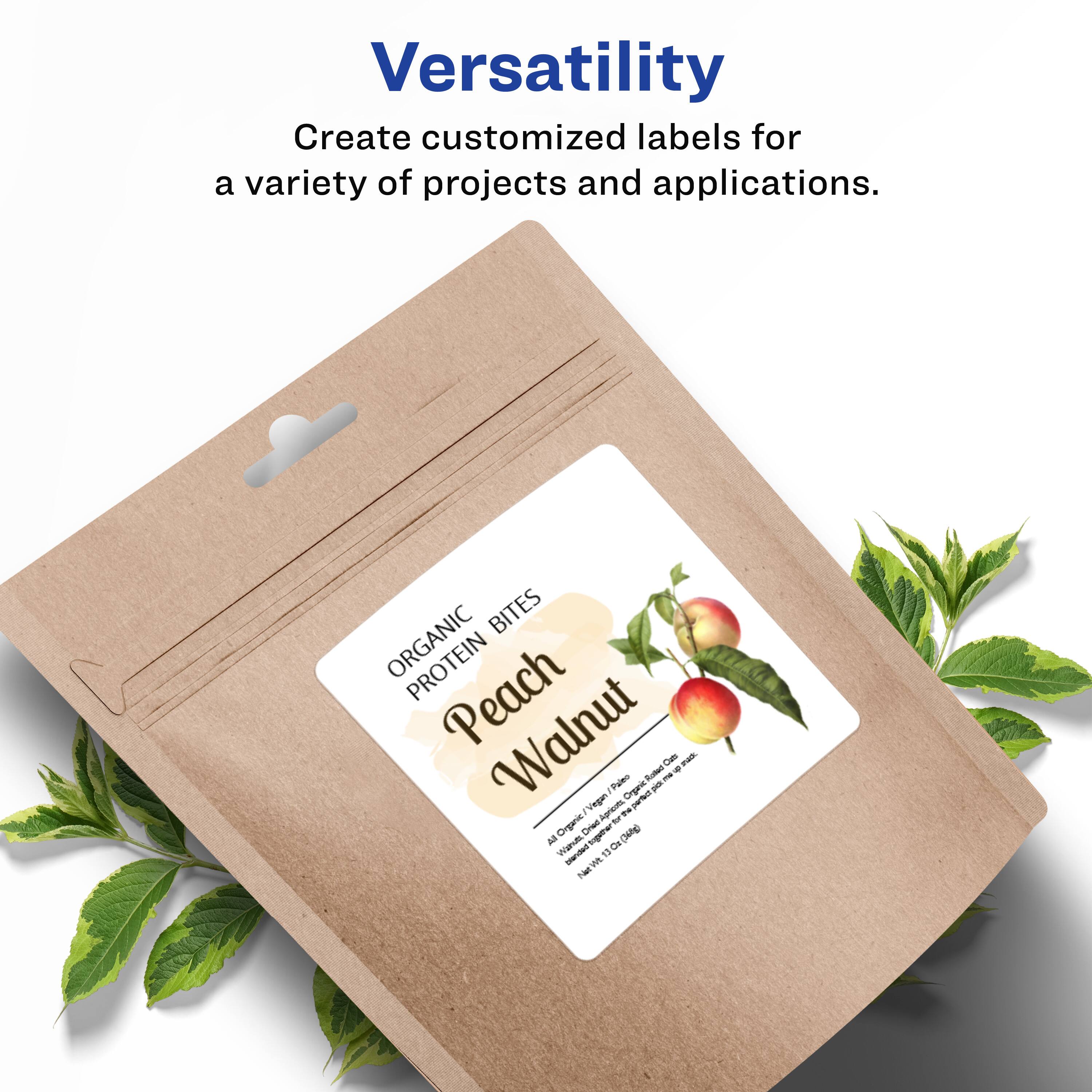 Versatility  
Create customized labels for a variety of projects and applications.  

BITES ORGANIC Peach Walnut  

Potent pioee - I Organic / Vegan Agricins nhitC *  
Organic -r Dries inprer x0ing Al Wdn da uanded # Niate_e WE