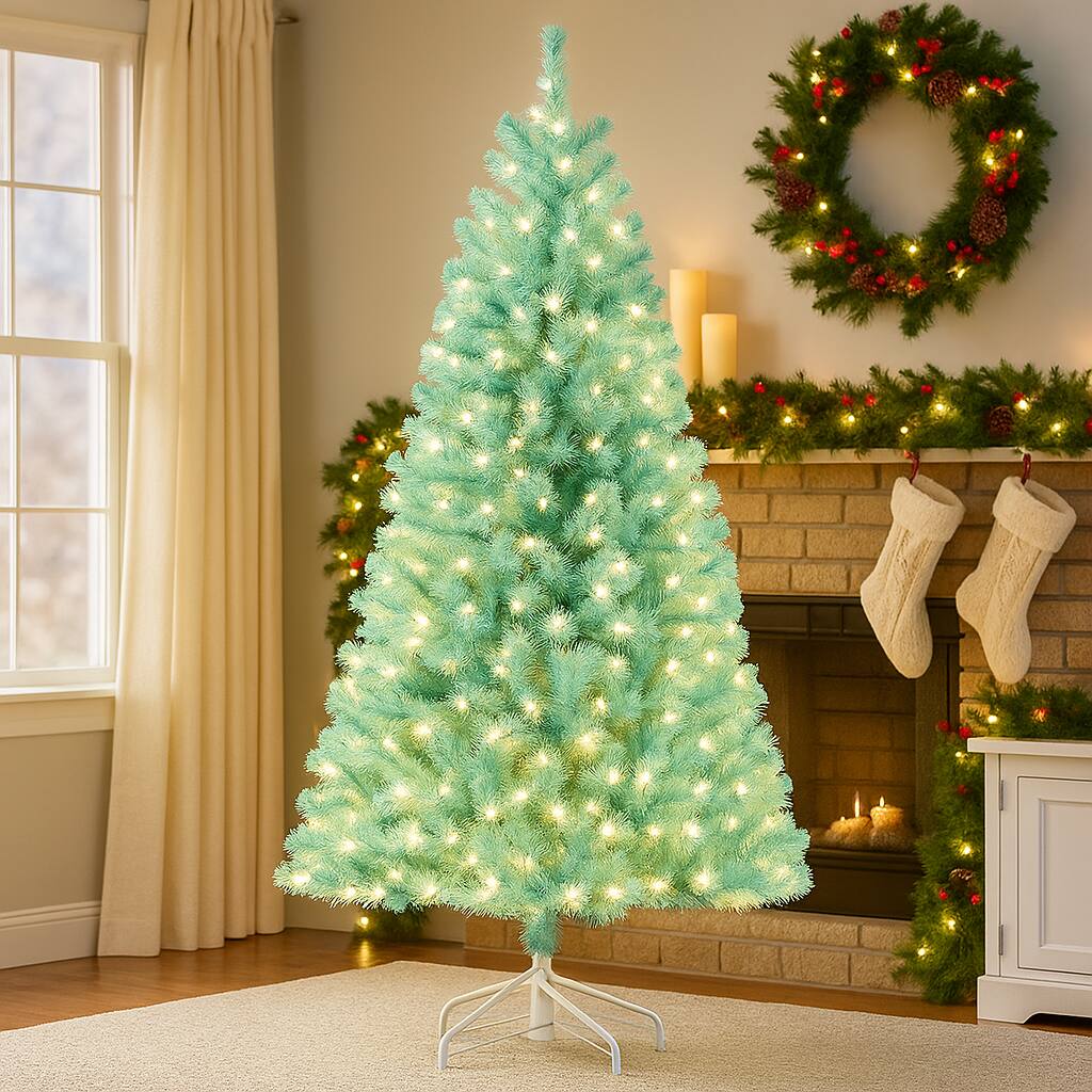 Front. BreeBe - Artificial Blue Tree with Warm LED Lights – 6ft or 7ft with Metal Base - Blue.