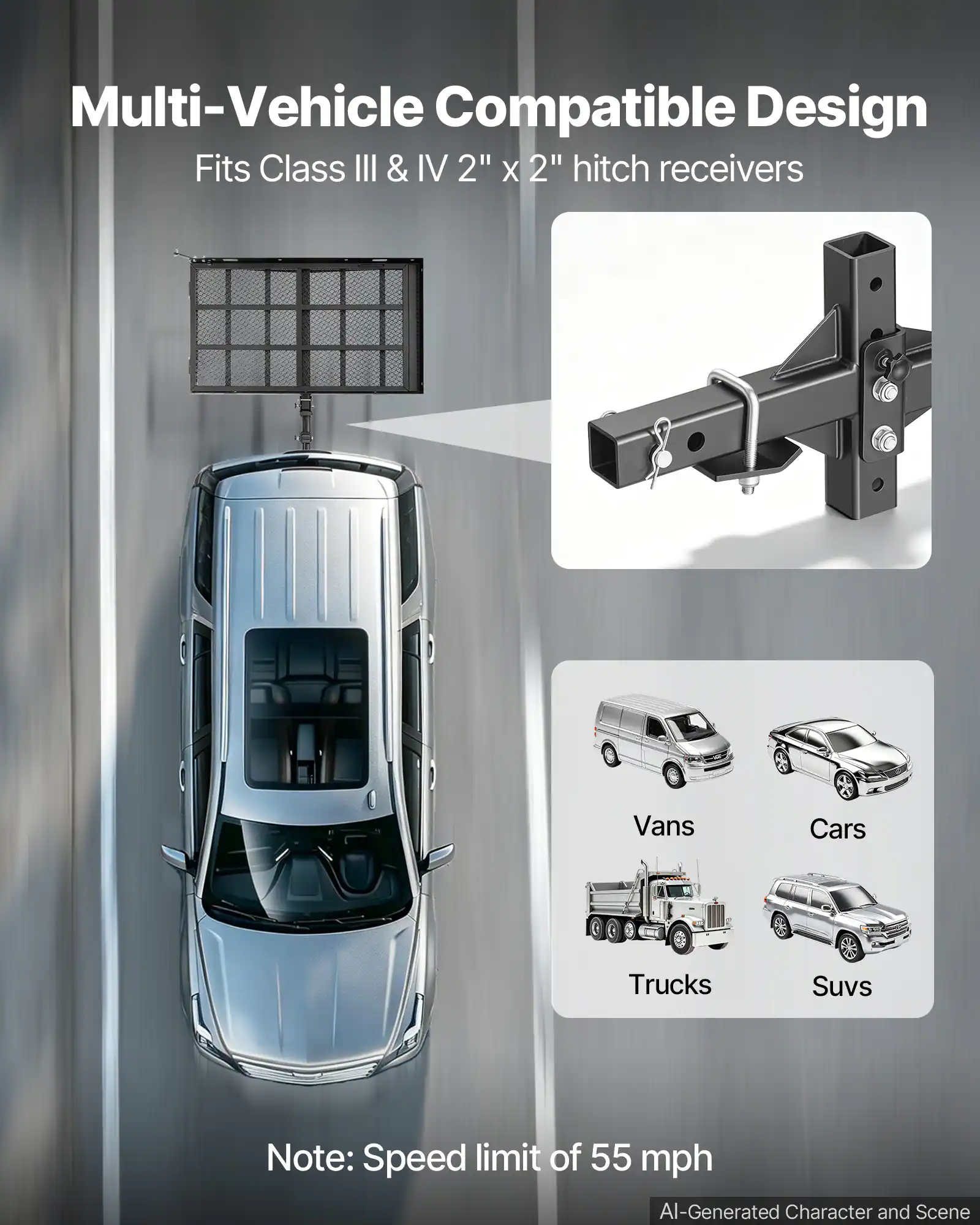 Multi-Vehicle Compatible Design  
Fits Class III & IV 2" x 2" hitch receivers  

Vans  
Cars  
Trucks  
SUVs  

Note: Speed limit of 55 mph  

AI-Generated Character and Scene
