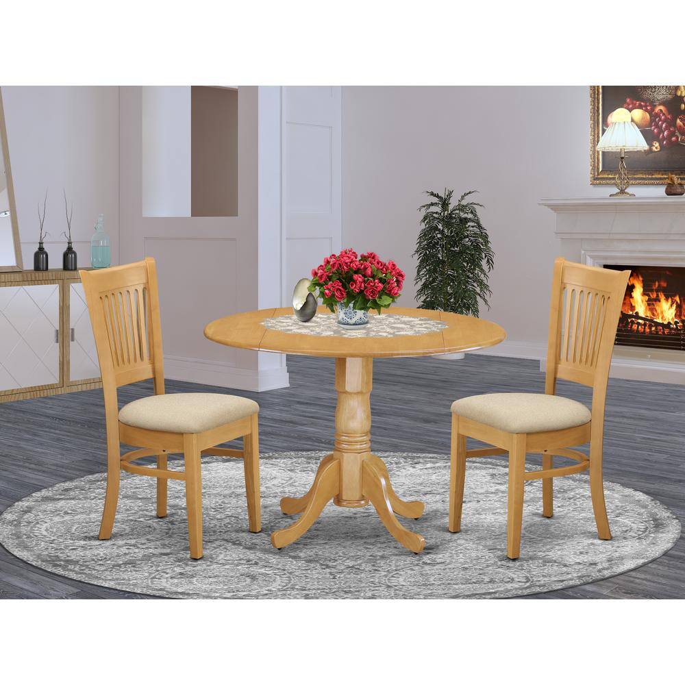 Left. East West Furniture - DLVA3-OAK-C 3 Pc Kitchen nook Dining set-Kitchen Table and 2 slat back Chairs - Oak.