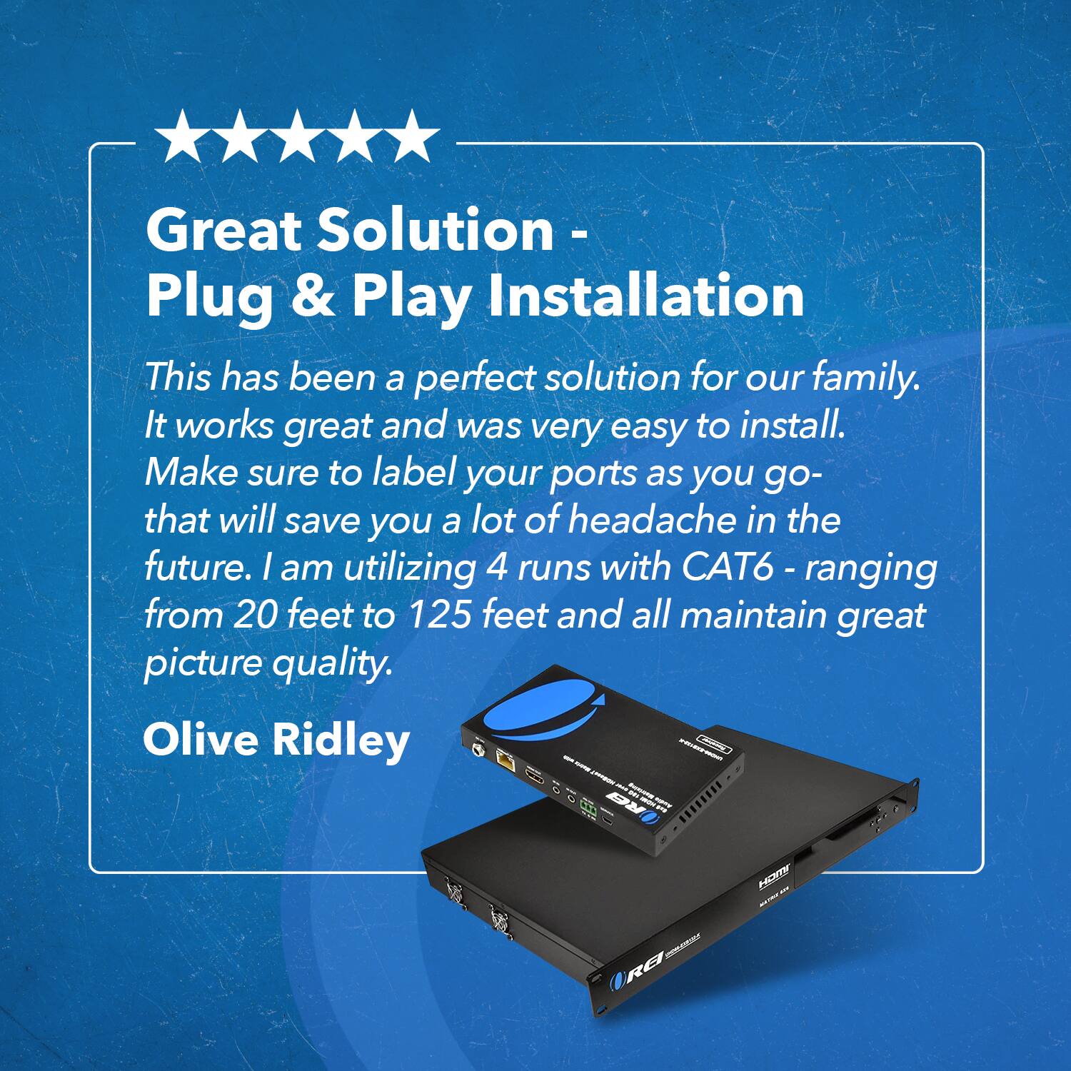 Great Solution - Plug & Play Installation

This has been a perfect solution for our family. It works great and was very easy to install. Make sure to label your ports as you go- that will save you a lot of headache in the future. I am utilizing 4 runs with CAT6 - ranging from 20 feet to 125 feet and all maintain great picture quality.

Olive Ridley