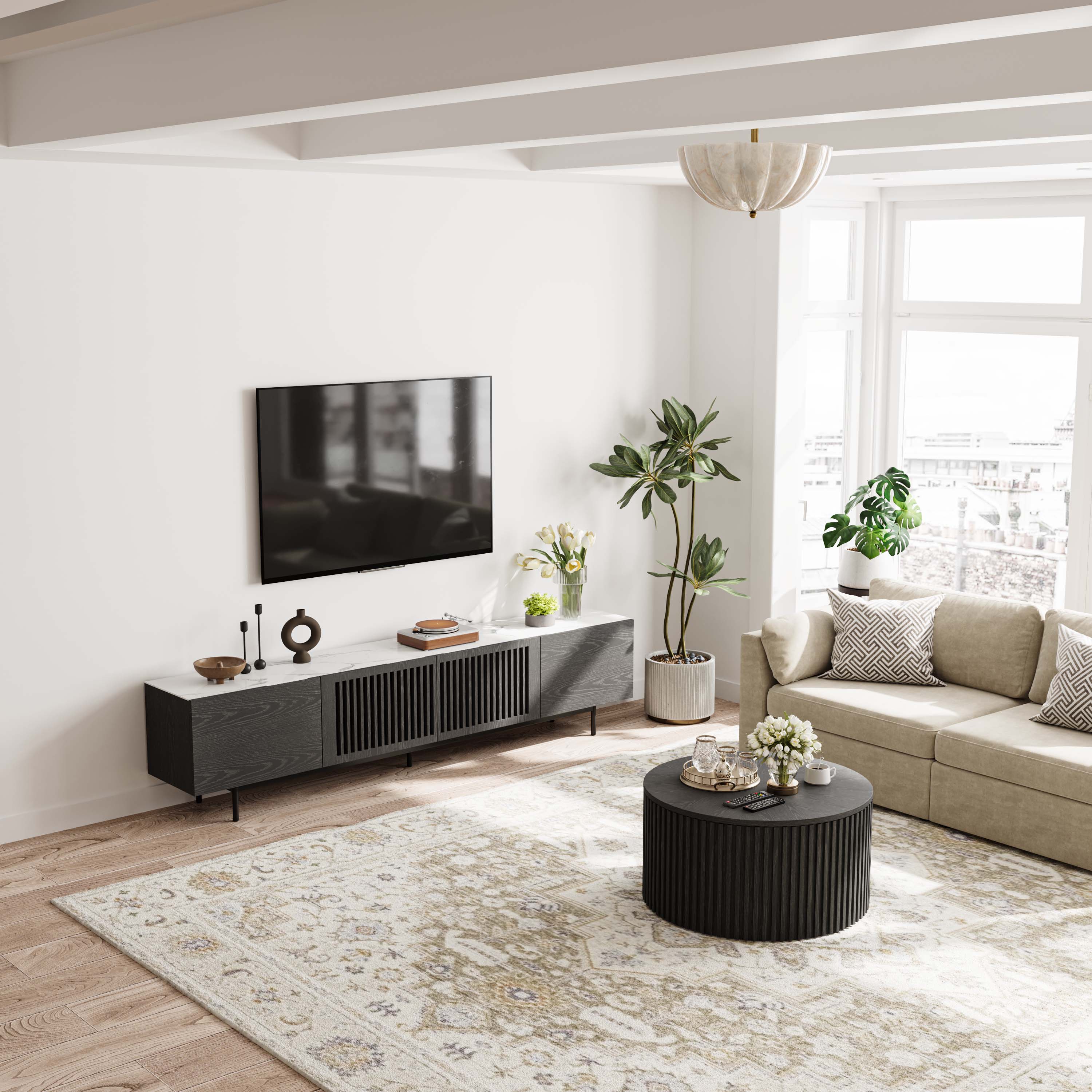 Left. POVISON - 94" Mid-Century Modern TV Stand with Sintered Stone, Black Veneer Wood with Slatted Cabinet, Tall-Cast Metal Legs - Black.