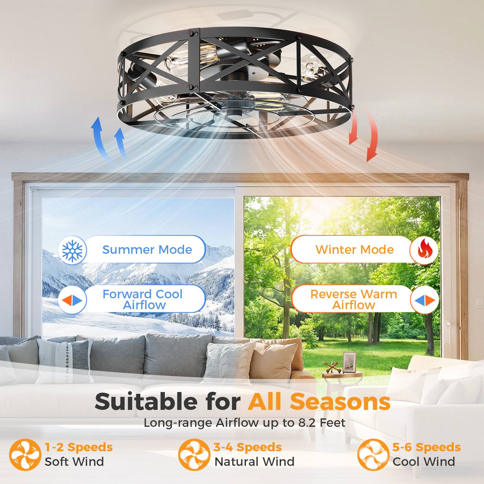 Summer Mode  
Forward Cool Airflow  

Winter Mode  
Reverse Warm Airflow  

Suitable for All Seasons  
Long-range Airflow up to 8.2 Feet  

1-2 Speeds  
Soft Wind  

3-4 Speeds  
Natural Wind  

5-6 Speeds  
Cool Wind