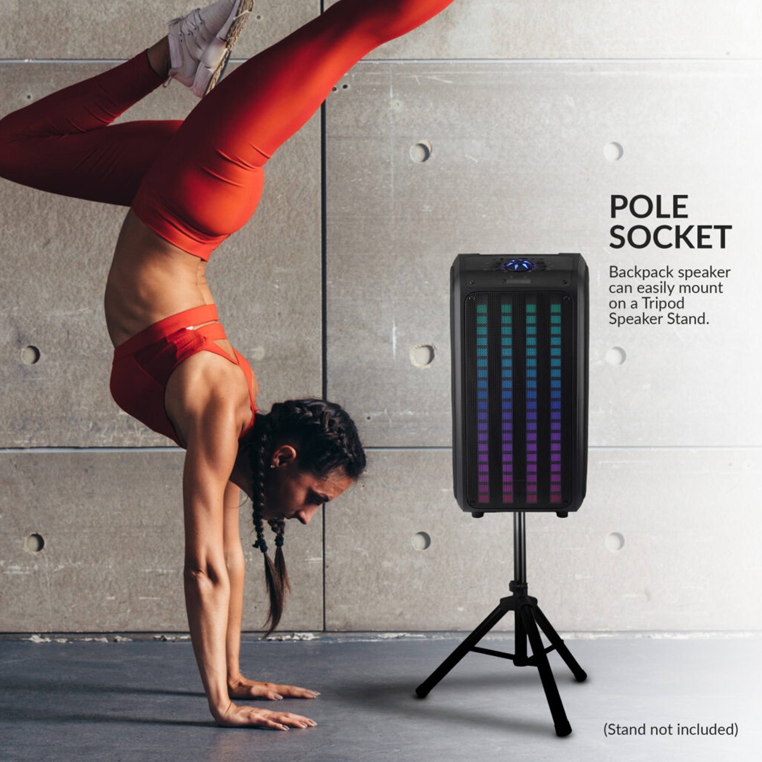 POLE SOCKET Backpack speaker can easily mount on a Tripod Speaker Stand. (Stand not included)