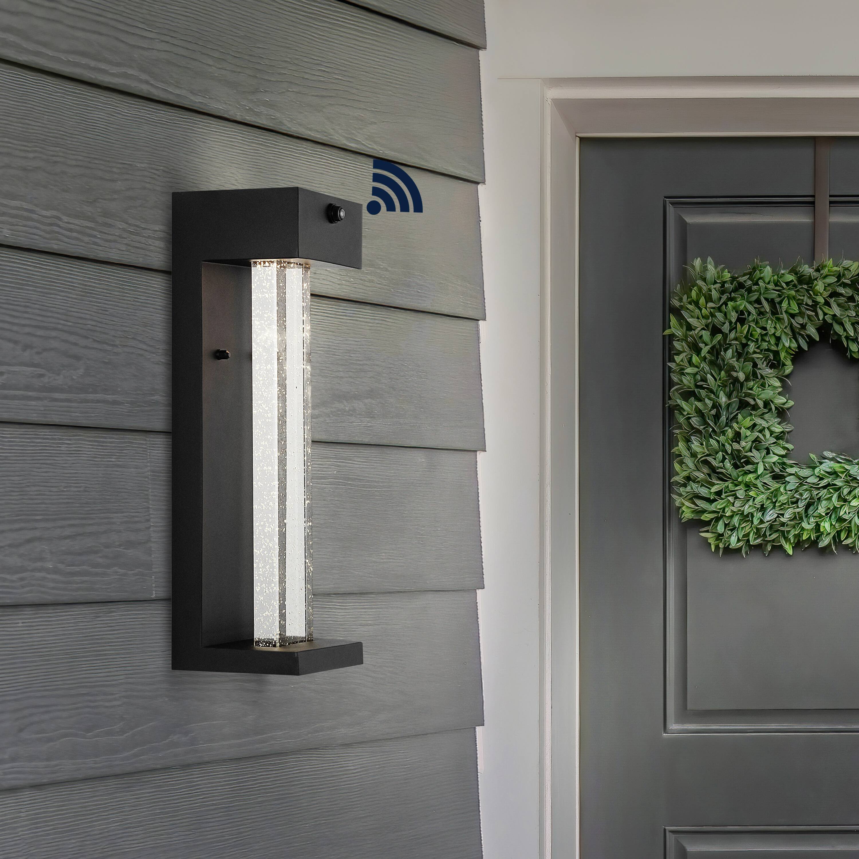 Alt View 7. Jonathan Y - Miranda 5.13" 1-Light Modern Iron/Seeded Glass with Dusk-to-Dawn Sensor Integrated LED Outdoor Sconce, Black - Black.