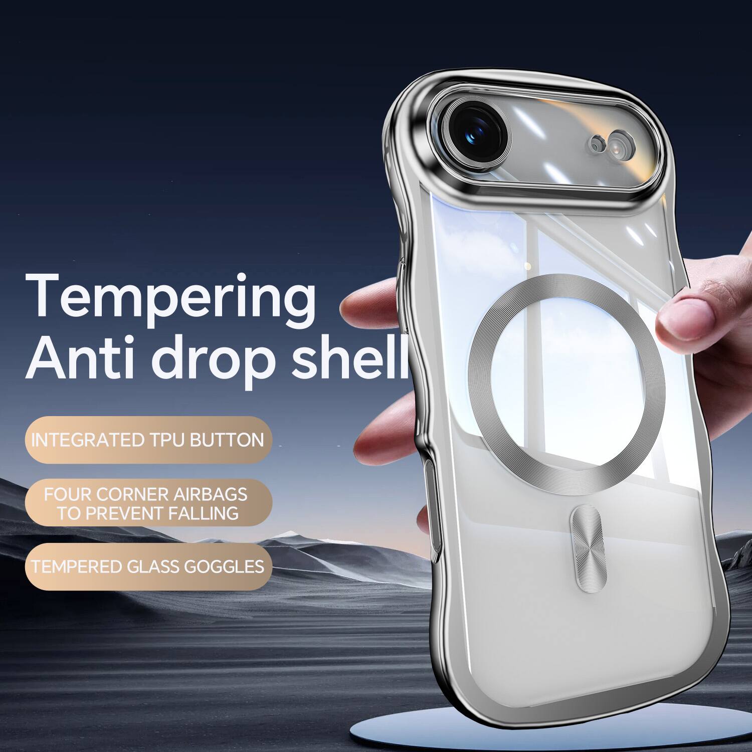 Tempering Anti drop shell  
INTEGRATED TPU BUTTON  
FOUR CORNER AIRBAGS TO PREVENT FALLING  
TEMPERED GLASS GOGGLES