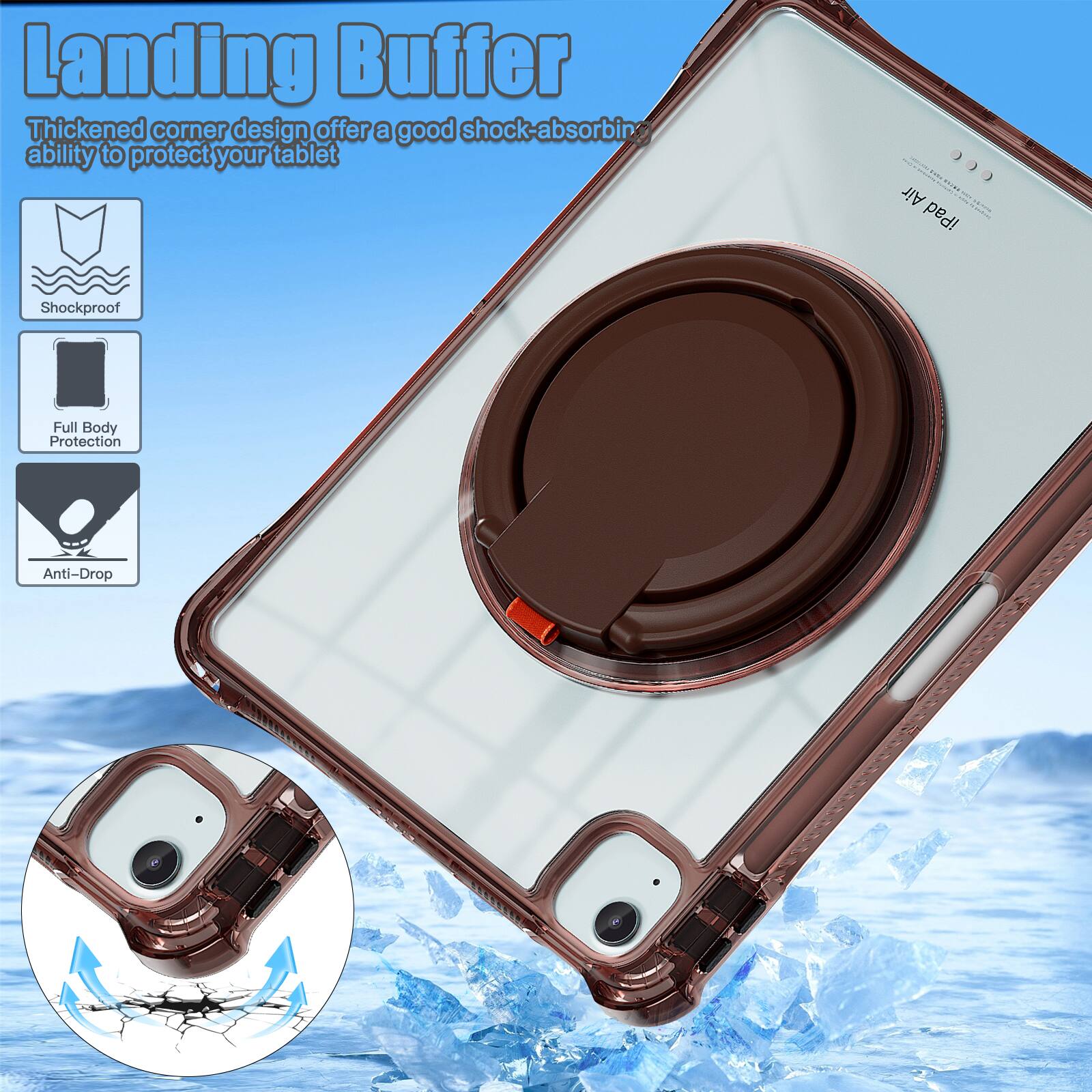Landing Buffer  
Thickened corner design offers a good shock-absorbing ability to protect your tablet  

iPad | Shockproof Full Body Protection Anti-Drop