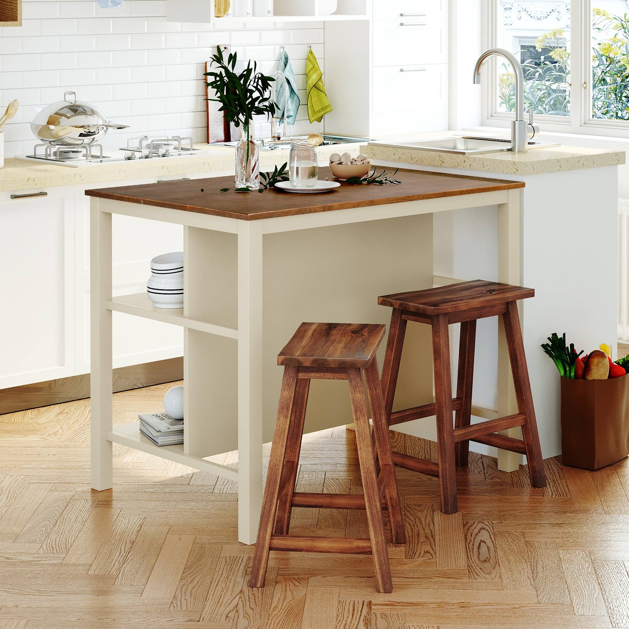 Alt View 2. Boyel Living - Rustic 3-Piece Kitchen Island Set with 2 Stools – Solid Wood, Butcher Block Top and Open Shelves - Brown+White.