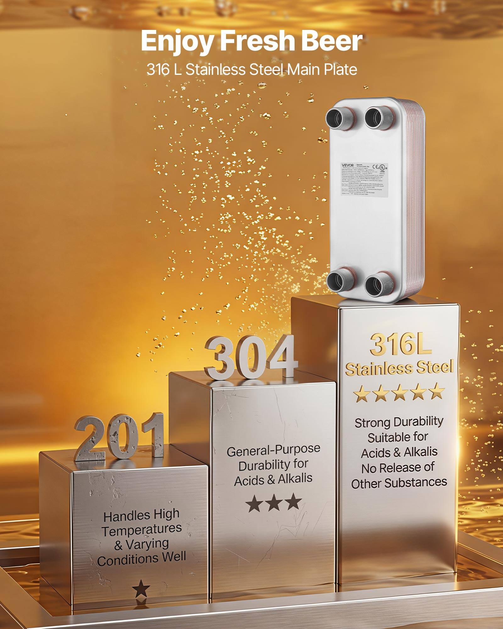 Enjoy Fresh Beer

316 L Stainless Steel Main Plate

316L 304 Stainless Steel

Strong Durability

Suitable for General-Purpose Acids & Alkalis

Durability for Release of No Acids & Alkalis

Other Substances

Handles High Temperatures & Varying Conditions Well