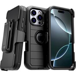 RomeTech - Defender Case for iPhone 16 Pro with Belt Clip, Kickstand, Dual-Layer - Black