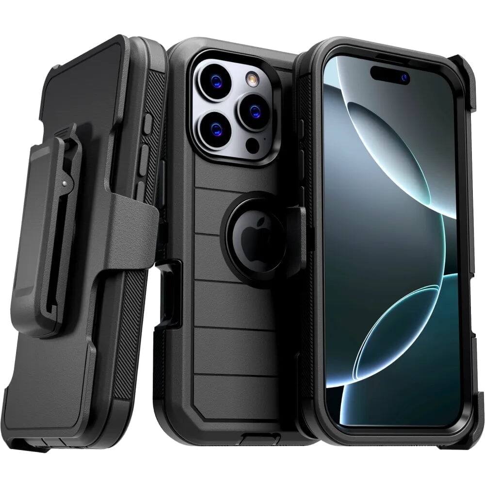 Front. RomeTech - Defender Case for iPhone 16 Pro with Belt Clip, Kickstand, Dual-Layer, Black - Black.