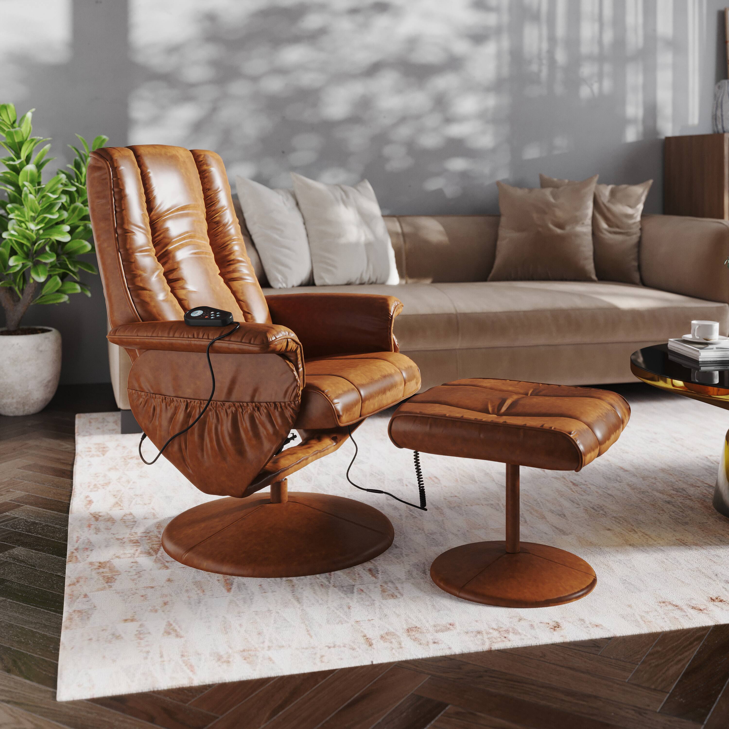 Alt View 1. Emma + Oliver - Massaging Multi-Position Recliner and Ottoman with Wrapped Base - Brown.