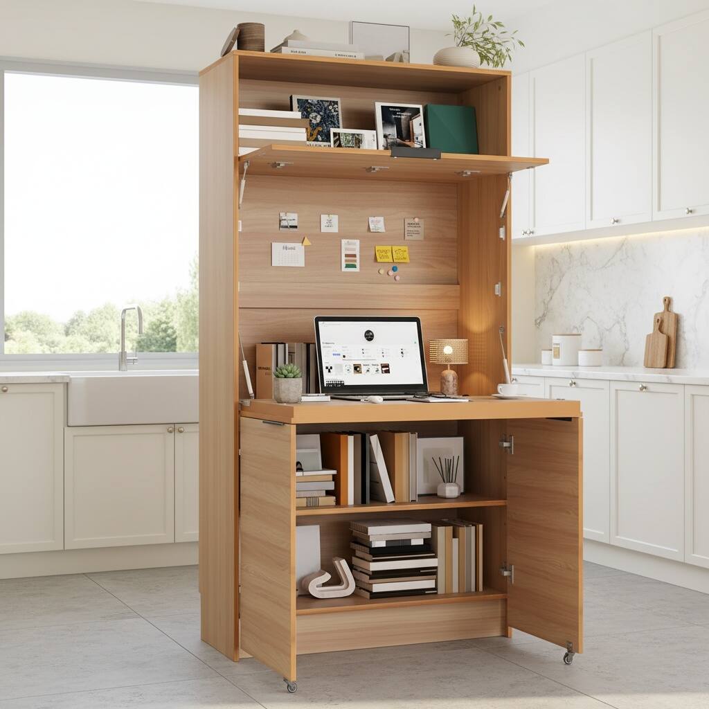 Left. Forest'nSky - 69" Tall Kitchen Pantry Cabinet with Hutch, Foldable Workstation & Power Outlet,Natural - Natural.