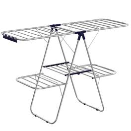 Songmics Home - Clothes Drying Rack, Foldable 2-Level Laundry Drying Rack, Free-Standing Large Drying Rack, with Height-Adjustable Wings - Silver and Blue