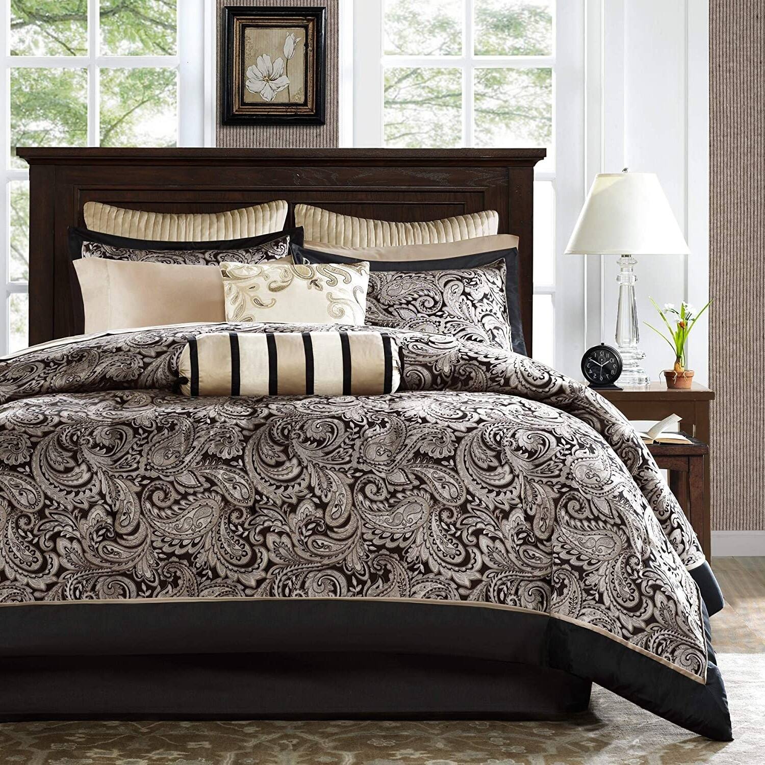 Angle. Hivvago - King 12 Piece Cotton Polyester Comforter Set Black Gold Paisley - Black, Gold.
