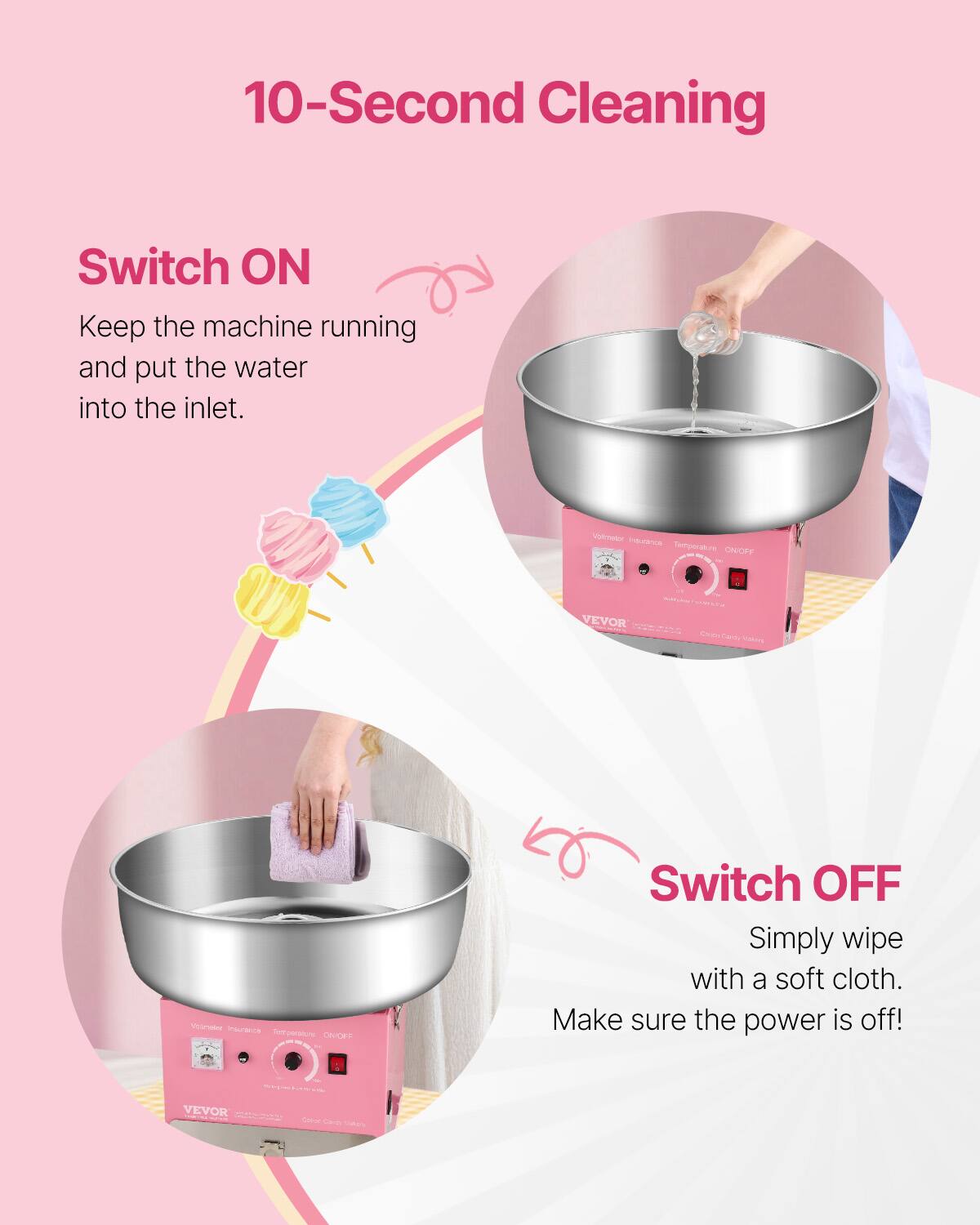 10-Second Cleaning

Switch ON
Keep the machine running and put the water into the inlet.

Switch OFF
Simply wipe with a soft cloth. Make sure the power is off!