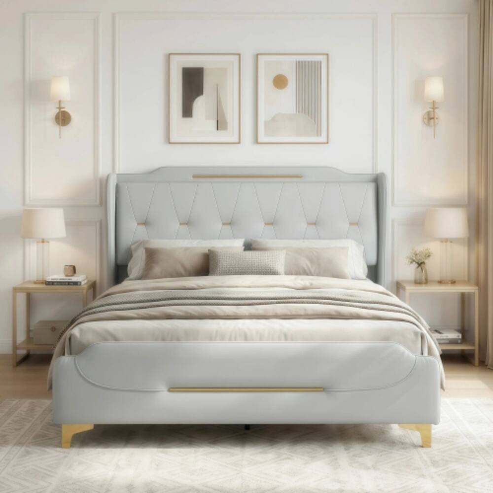 Angle. LUCKY ONE - Queen Size PU Leather Platform Bed with Wingback Headboard - No Box Spring Needed - Grey.