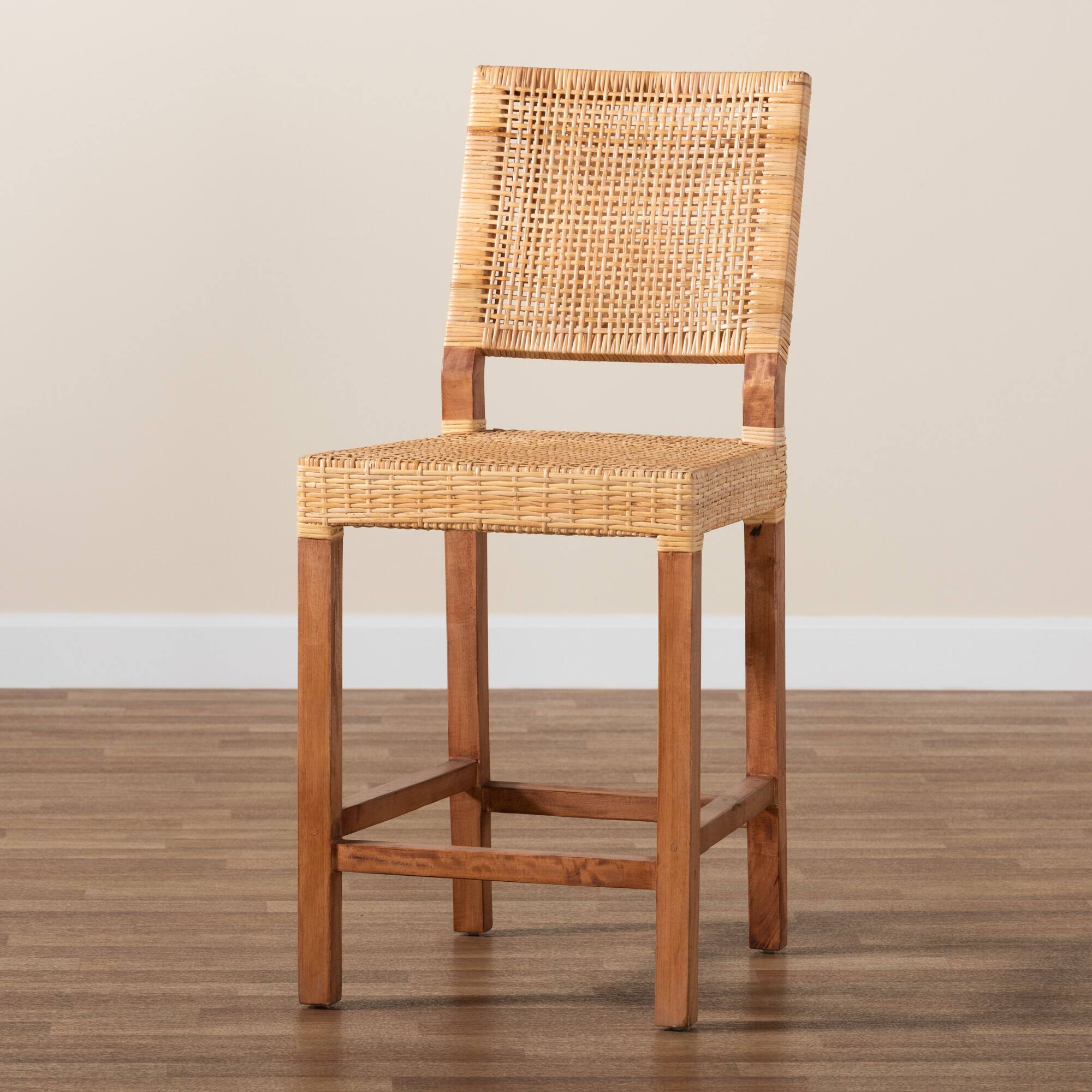 Alt View 5. bali & pari - Lesia Modern Bohemian Natural Rattan and Walnut Mahogany Wood Counter Stool - Natural Brown/Walnut Brown.