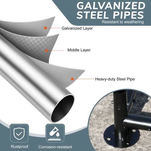 GALVANIZED STEEL PIPES  
Resistant to weathering  

- Galvanized Layer  
- Middle Layer  
- Heavy-duty Steel Pipe  

Rustproof  
Corrosion-resistant