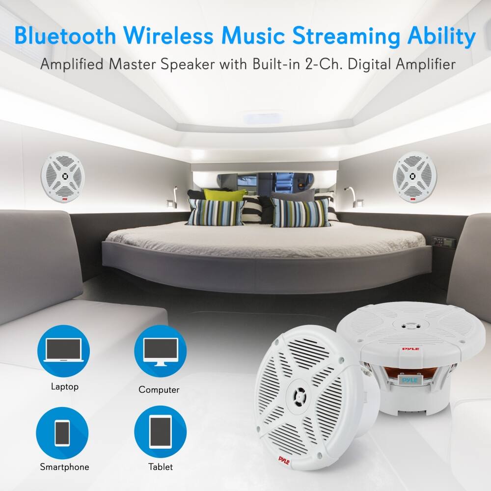 Bluetooth Wireless Music Streaming Ability  
Amplified Master Speaker with Built-in 2-Ch. Digital Amplifier  

Laptop  
Computer  
Smartphone  
Tablet