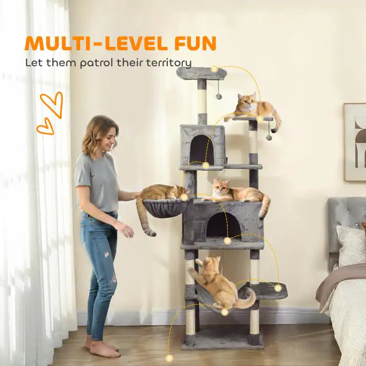 63 Inch Cat Tree PULUZ Multi Level Cat Tower, 80 inch Tall Cat Tree, with 2 Condos, 2 ...