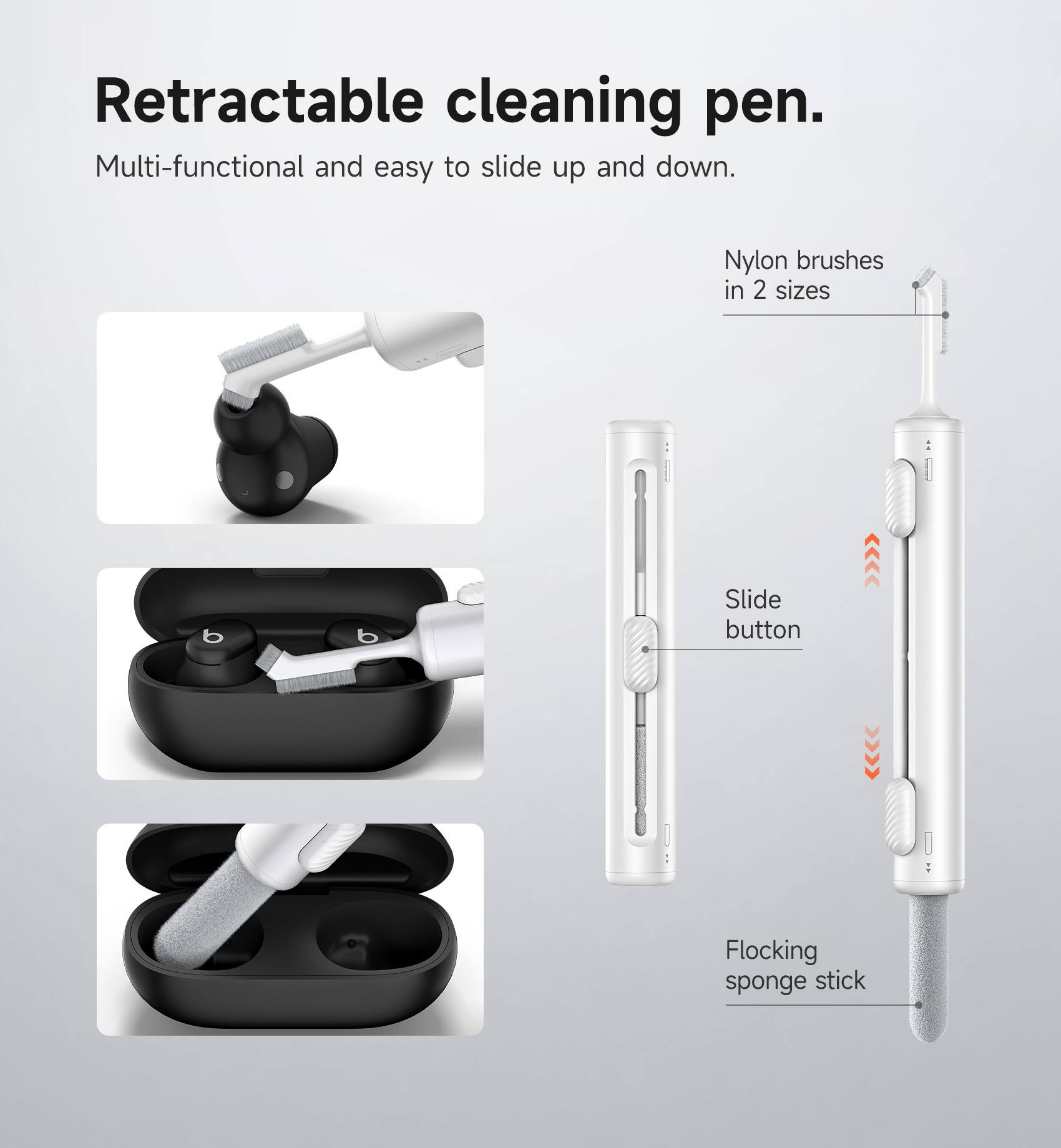 Retractable cleaning pen.  
Multi-functional and easy to slide up and down.  
Nylon brushes in 2 sizes  
Slide button  
Flocking sponge stick