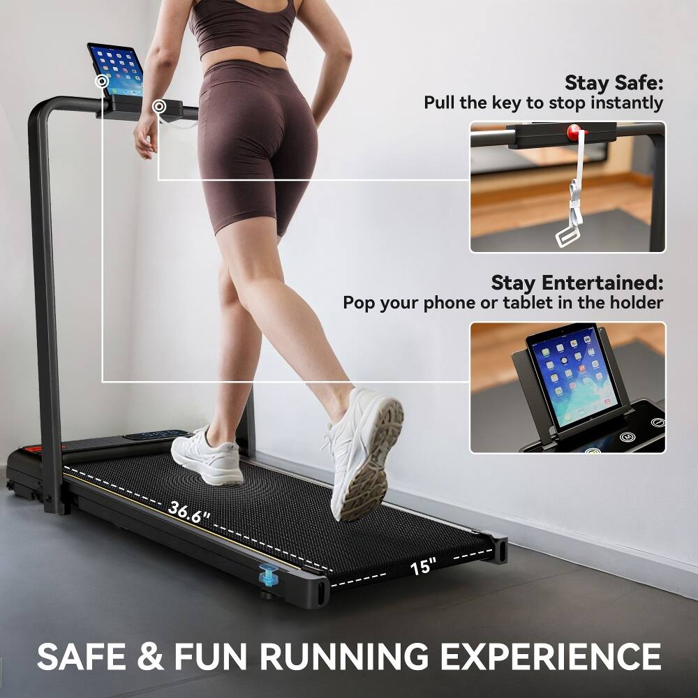 Stay Safe: Pull the key to stop instantly  
Stay Entertained: Pop your phone or tablet in the holder  
36.6" 15"  
SAFE & FUN RUNNING EXPERIENCE