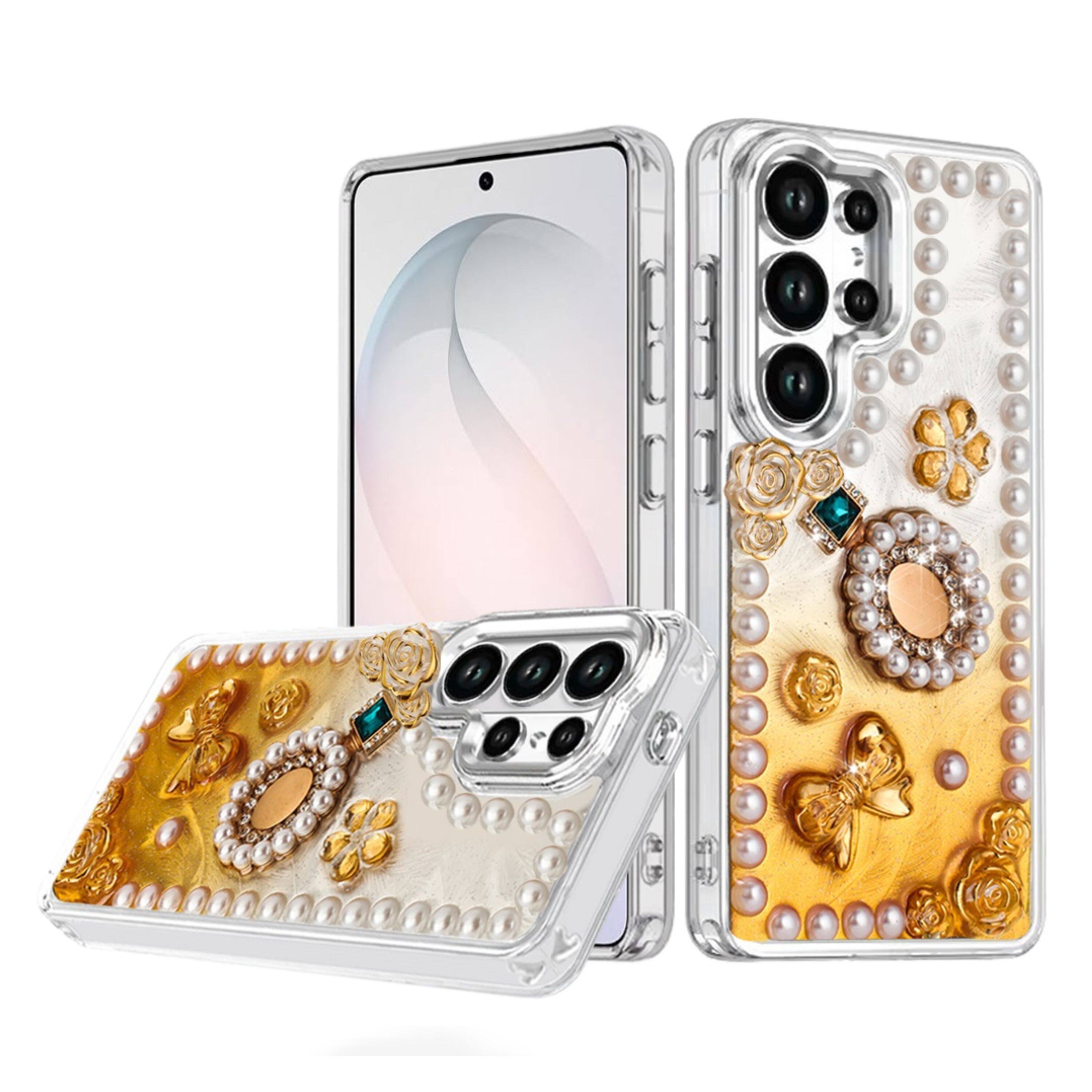 Front. Kitcheniva - Floral And Faux Pearl Trim 3D Charms Design Phone Case With Tempered Glass For Samsung Galaxy S26 Ultra Gold - Multicolor.