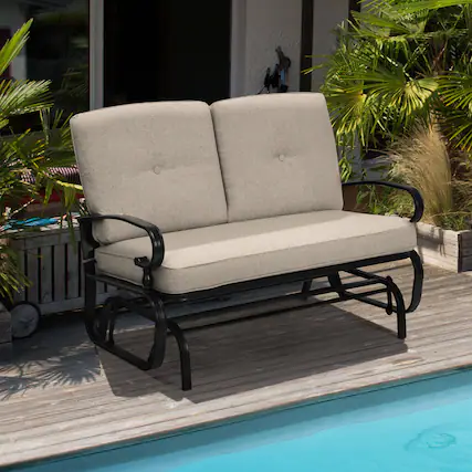 Front. Gymax - Gymax Patio Swing Glider Chair Rocking Loveseat Bench for 2 Persons w/ Beige Cushions - Beige.