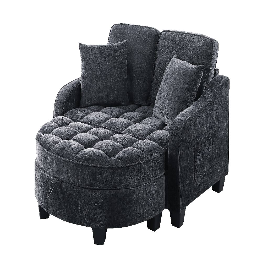 Alt View 4. Loheer - Loheer 2-Seater Black Corduroy Sofa Recliner with Storage Footrest and Pillows for Living Room - Black.