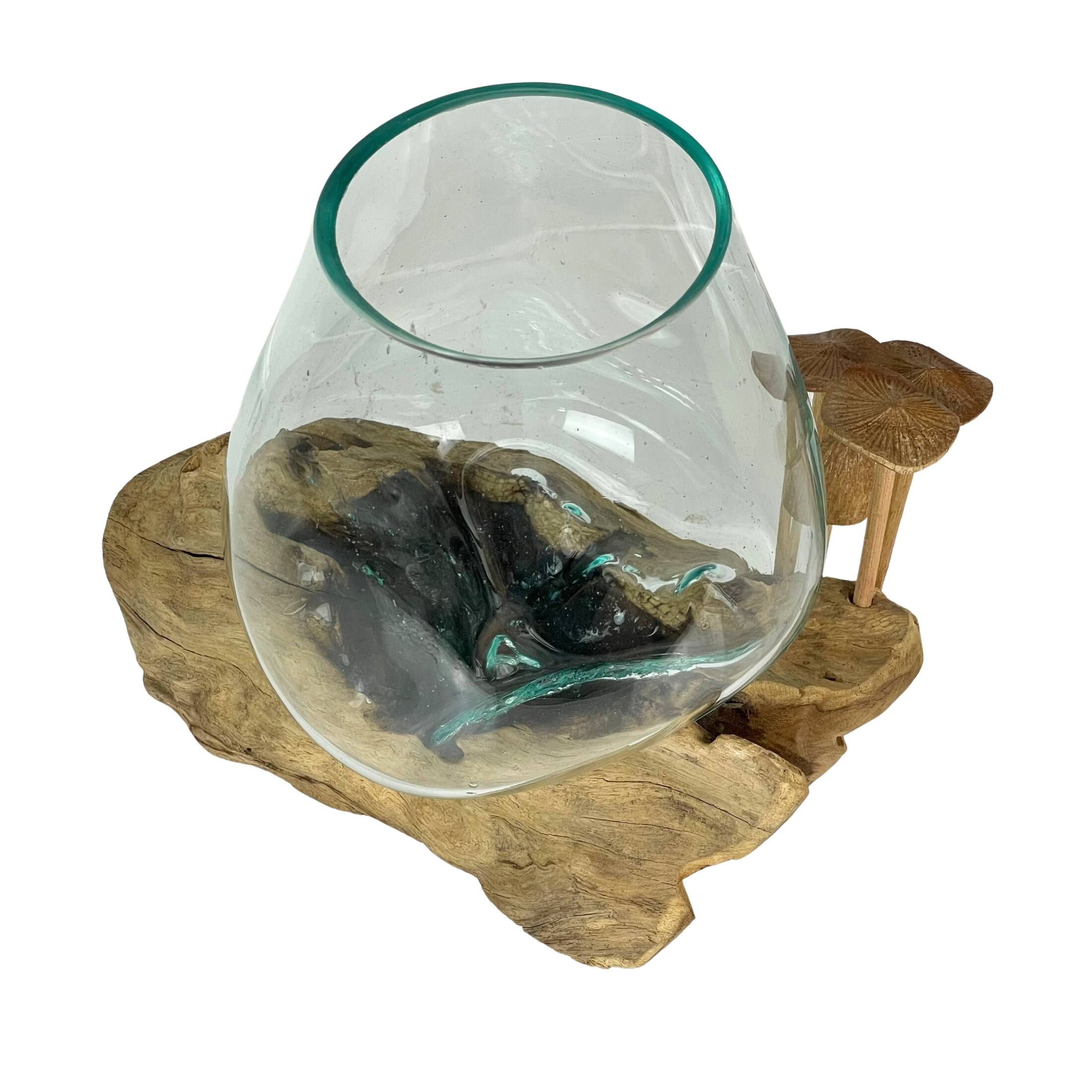 Alt View 2. Things2Die4 - Handcrafted Glass and Teak Vase with Wood Mushroom Embellishments, Rustic Accent - Brown.