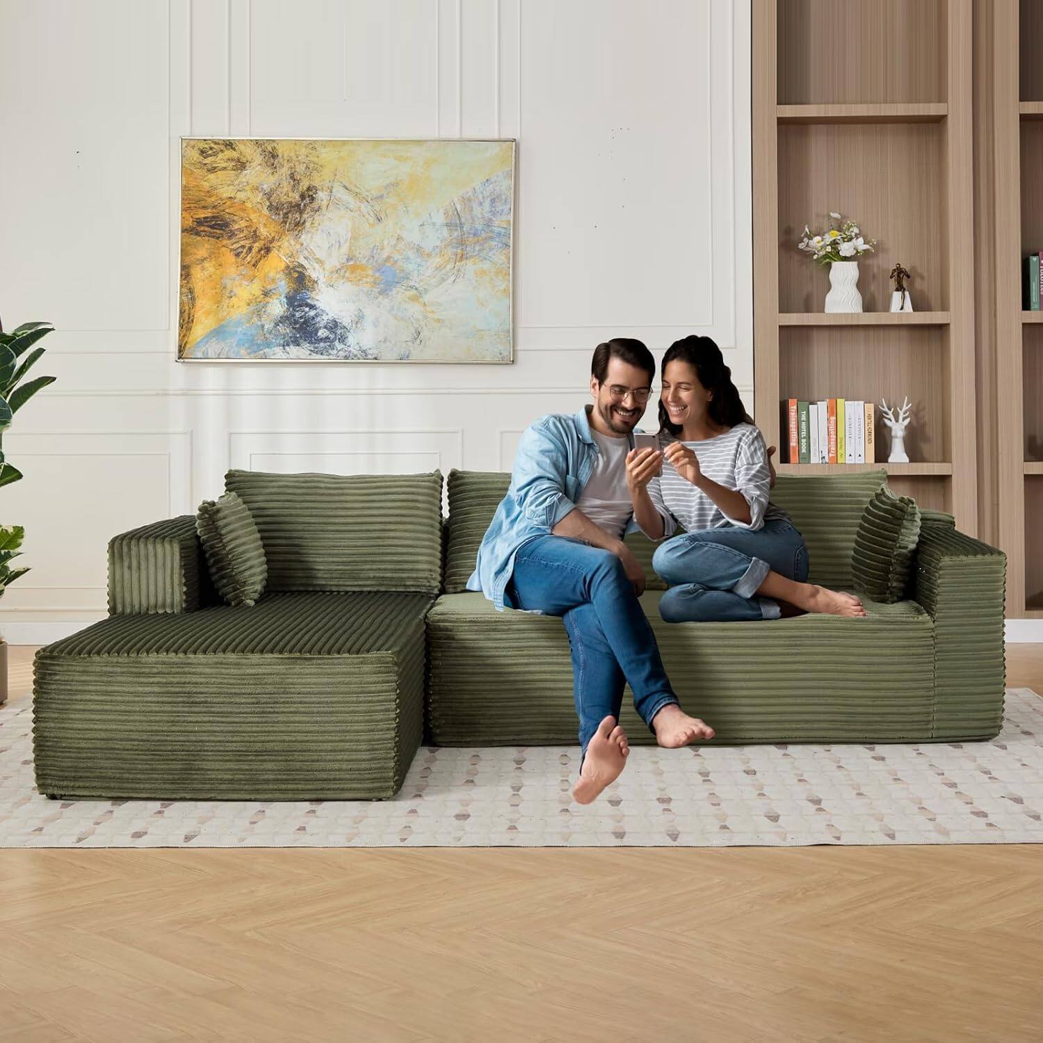 Alt View 6. Trinkets Crazed - 110" Cloud Sectional Couch Compression sofa with Comfy L-Shaped Chaise - green.