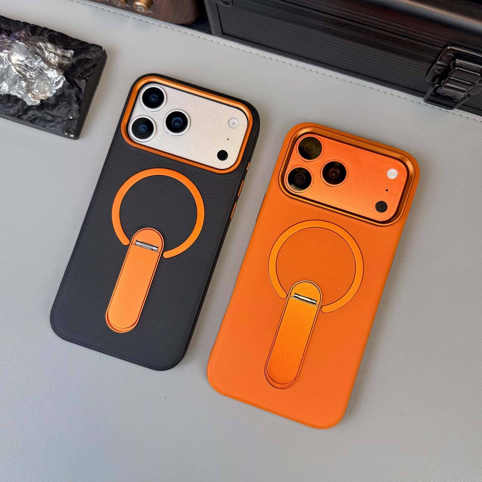 Left. Dteck - Rugged Magnetic Case for Apple iPhone 17 Pro Max with Integrated Stand, Slim Shockproof Dual Layer Protective Cover - Orange.