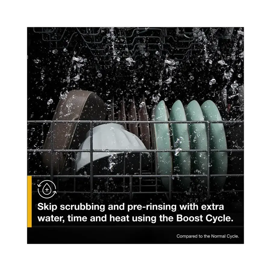 The image features a dishwasher with a rack of dishes, including a bowl and a cup. The text on the image suggests that using the Boost Cycle can save time and effort by skipping scrubbing and pre-rinsing with extra water and heat. This method is compared to the Normal Cycle, which may require more manual cleaning and preparation before washing. The Boost Cycle is designed to provide a more efficient and convenient dishwashing experience.