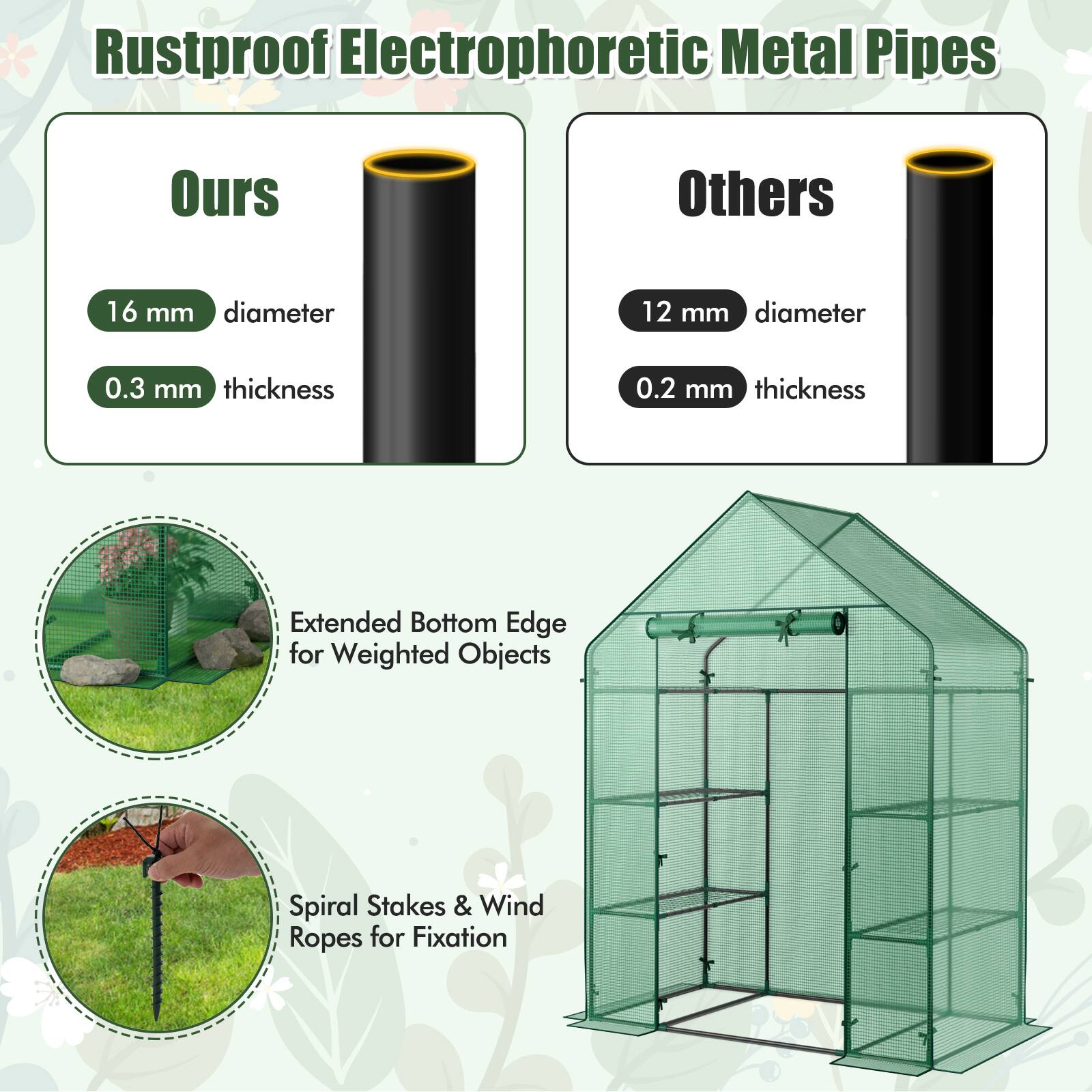 Rustproof Electrophoretic Metal Pipes

Ours
- 16 mm diameter
- 0.3 mm thickness

Others
- 12 mm diameter
- 0.2 mm thickness

Extended Bottom Edge for Weighted Objects

Spiral Stakes & Wind Ropes for Fixation