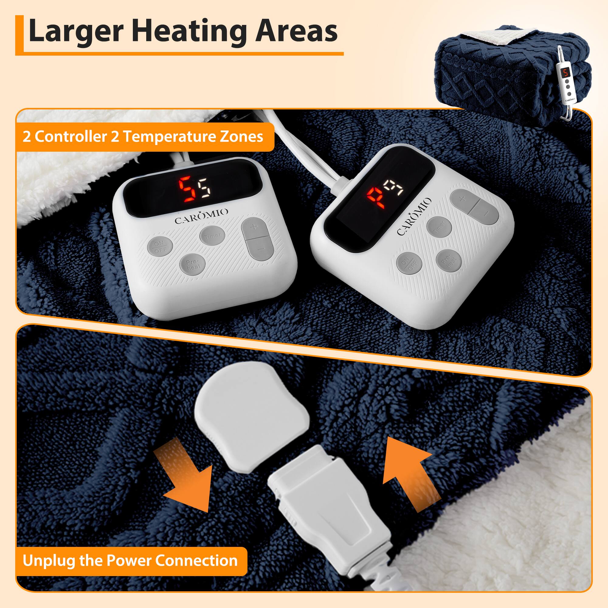 Larger Heating Areas

2 Controller 2 Temperature Zones

Unplug the Power Connection