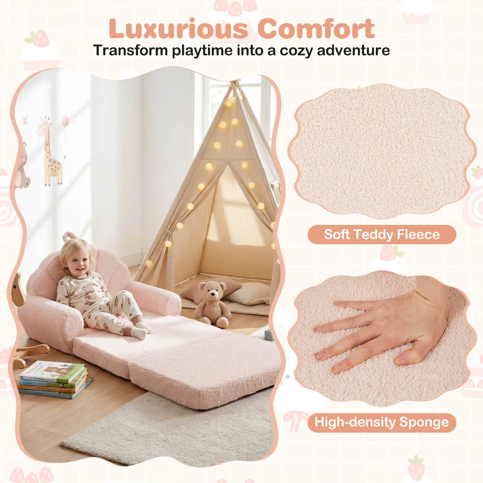 Luxurious Comfort  
Transform playtime into a cozy adventure  

Soft Teddy Fleece  
High-density Sponge