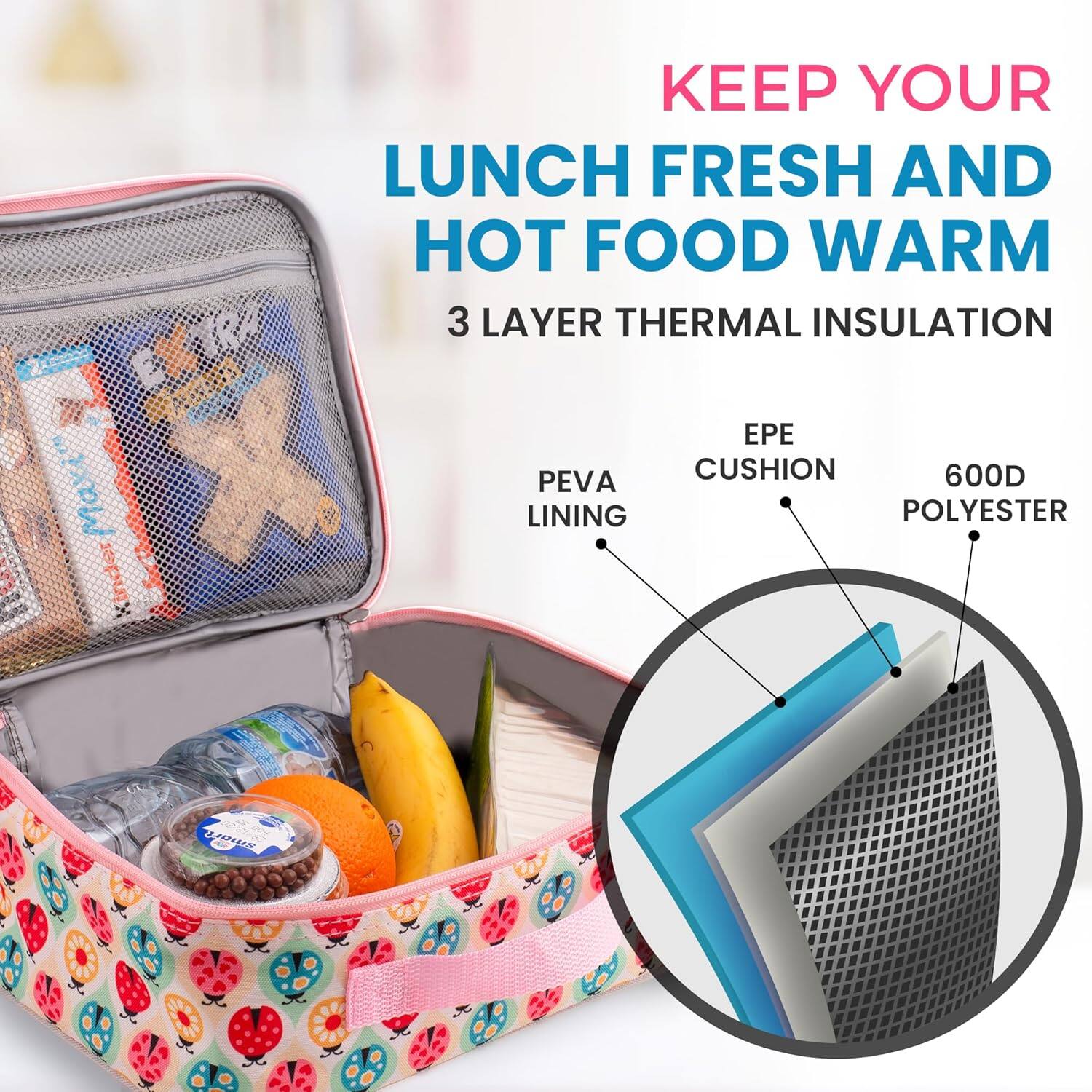 KEEP YOUR LUNCH FRESH AND HOT FOOD WARM
3 LAYER THERMAL INSULATION
MAXI PEVA LINING
EXTRA EPE CUSHION
600D POLYESTER