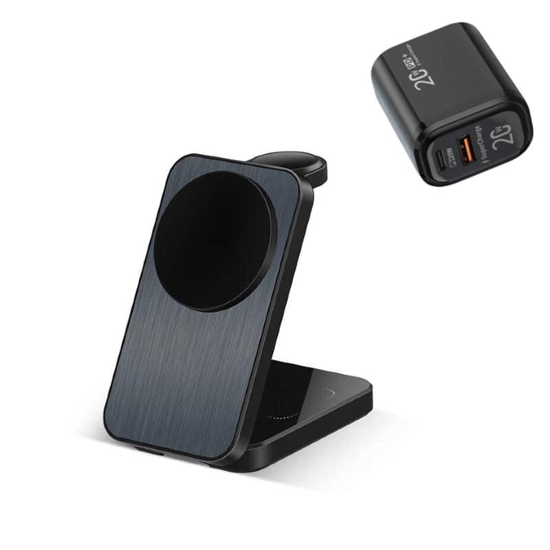 SKRAN - 3-in-1 Wireless Charger with Charging Port - Magnetic Fast Charging Station, Phone Stand Compatible with Apple iPhone 12 - Black